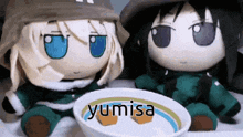 two stuffed dolls are sitting next to each other next to a bowl of yumisa .