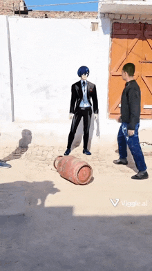 a man in a suit and tie is standing next to a gas cylinder on the ground