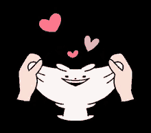 a cartoon illustration of a person holding a rabbit 's face with hearts flying around it .