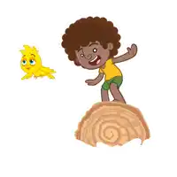 a cartoon boy is standing on a log with a yellow bird flying in the background