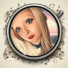 a painting of a woman in a circle with music notes around her