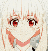 a blonde anime girl with red eyes and a ponytail looks over her shoulder