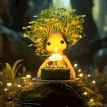 a tree shaped figurine blowing out a candle on a birthday cake