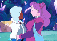 a couple of cartoon characters standing next to each other looking at each other