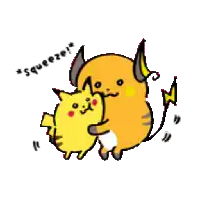 a cartoon drawing of a pikachu and raichu hugging each other .