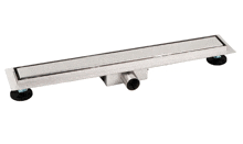 a stainless steel shower drain with black rubber feet