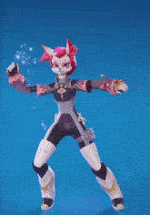 a cartoon character with pink hair and white pants
