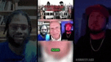 a man with a beard is sitting in front of a cell phone with a collage of pictures on it .