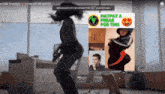 a woman is dancing in front of a picture that says matpay a freak for this