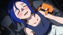 a cartoon character with blue hair is laying down
