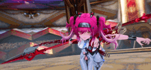 a girl with pink hair is holding a red spear in her hand