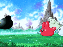 a black cat and a red rabbit are standing in a field