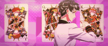 a man in a tuxedo is standing in front of three playing cards one of which is a queen of spades