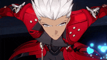 a cartoon character with white hair and red armor