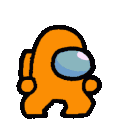 a pixel art drawing of an orange among us character with bubbles coming out of his eyes .
