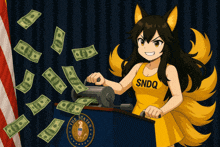 a cartoon of a girl with the word sndq on her top