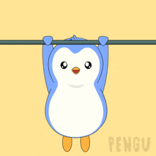 a penguin is hanging upside down on a bar with the word pengu written below it