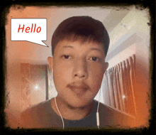 a man with ear buds and a speech bubble saying hello