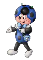 a cartoon ladybug is wearing a blue hat and carrying a blue teddy bear