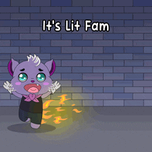 a cartoon drawing of a cat with flames coming out of its butt and the words " it 's lit fam "
