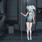 a girl with long white hair stands on a pole
