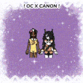 two cartoon characters standing next to each other on a purple background with the words oc x canon