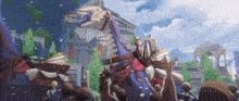 a group of people are riding on the backs of a dragon