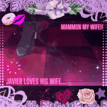 javier loves his wife written on a pink and purple background