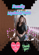 a picture of a woman sitting in a chair with the words family mythical voice above her