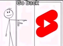 a stick figure is pointing at a red play button and says go back