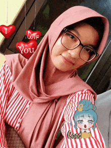 a girl wearing glasses and a pink scarf with hearts that say i love you