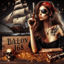 a woman is holding a gun in front of a box that says balon 168