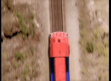 a red and blue train is going down the tracks in the countryside .