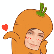 a person dressed as a carrot with a heart in the background