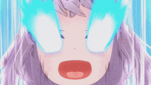 a close up of a girl 's face with blue eyes and a red mouth