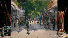 a painting of people walking down a street with the words made in animotica below it