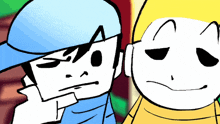 two cartoon characters are standing next to each other and one has a blue hat on