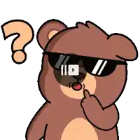 a brown teddy bear wearing sunglasses has a question mark above his head