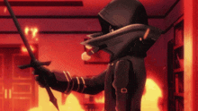 a man in a black jacket is holding a sword