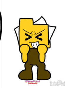 a cartoon character with a yellow face and brown pants is making a funny face .