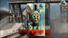 a picture of thomas the train with a sad look on his face