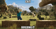 a man standing in a minecraft world with the words crit building it below him