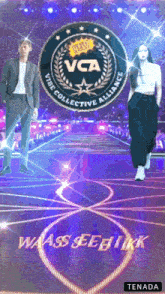 a man and a woman are standing on a stage with a vibe collective alliance logo