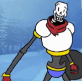 papyrus from undertale is walking in the snow while holding a snowball .