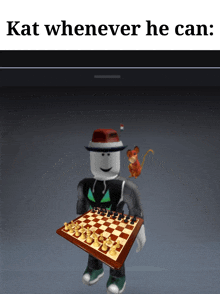 a cartoon character holding a chess board with kat whenever he can written on the top