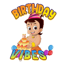a cartoon character holding a cake with the words birthday vibes below him