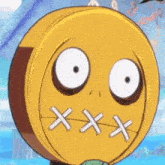 a close up of a cartoon character 's face with three x 's on it