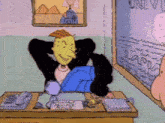 a cartoon of a man sitting at a desk with a sign that says assistant principle bone