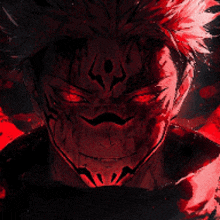 a close up of a person 's face with red eyes and blood on it .