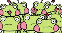 a group of green frogs with pink ears and a red cross on their head